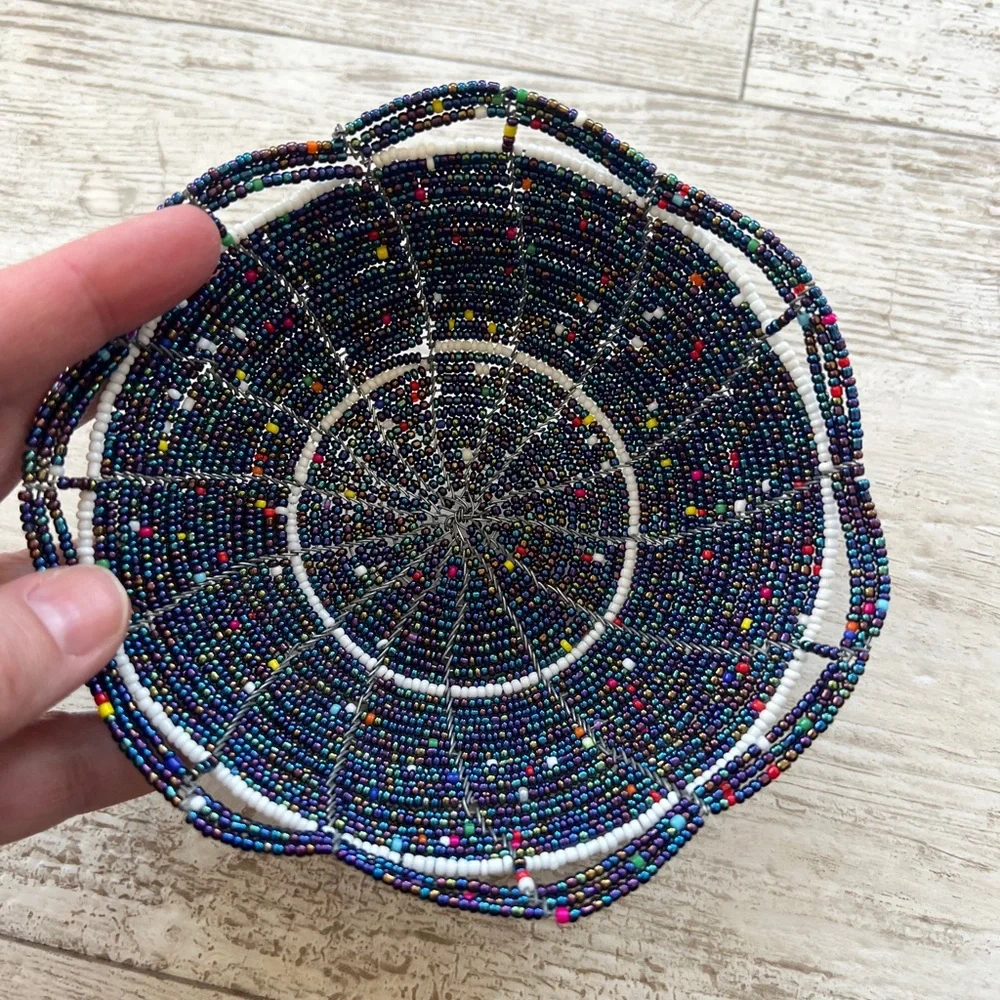 Handcrafted Wire and Seed Bead Bowl Multicolored Beaded Trinket 6” Dish